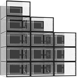 SEE SPRING Boîtes à Chaussures Lot de 12 Large, Rangement Empilable Noir Transparent pour Pointure 44, Conteneurs en Plastique avec Couvercle Organisateur