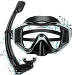 KUYOU Snorkel Set Adults Dry Top Snorkel Mask,180°Panoramic Wide View Diving Mask, Anti-Fog Tempered Glass, Anti-Leak Snorkeling Gear for Snorkeling Scuba Diving Swimming (Metallic Black)