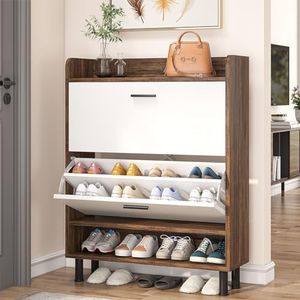 Tribesigns Shoe Cabinet, 2-Tier Shoe Storage Cabinet with Flip Doors, Vintage Entryway Shoe Organizer Rack with Open Shelves for Narrow Closet, Entryway, Living Room, Brown