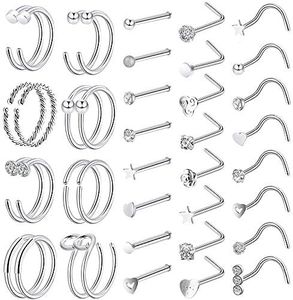 ONESING 40 PCS 20G Nose Piercings Jewelry Nose Rings Hoops Studs Screw 316L L Shaped Stainless Steel for Women Men