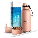 2-in-1 Double Wall Insulated (946 ml) 32 oz Water Bottle with Bowl Attachment, Straw Lid & Twist Lid – Stainless Steel Sports Water Bottle Keeps Liquids Cold and Hot - Blush pink