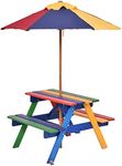 COSTWAY Kids Picnic Table, Garden Wooden Bench with Removable Umbrella, Outdoor Children Furniture Parasol