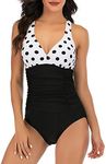 HAIVIDO V Neck One Piece Swimsuits with Ruching Bathing Suits Tummy Control Beach Swimwear for Women A Polka dots M