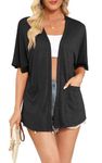 Wiwclo Womens Plus Size Short Sleeve Kimono Cardigans Lightweight Summer Cardigan Casual Loose Fit Beach Cover Up Curved Hem with Pockets,Black,3XL