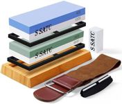 S SATC Knife Sharpening Stone Whetstone 4 Side Grit 400/1000 3000/8000 Stone Knife Sharpeners with Nonslip Rubber Bases, Wood Base, Flattening Stone, and Leather Strop