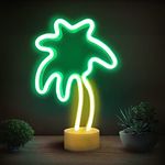 Lumoonosity Palm Tree Lights Neon Signs - Coconut Tree Neon Light for Bedroom, Desktop, Tabletop Decor - Battery/USB Powered Led Palm Tree Light - Palm Tree Lamp with Stand- Green&Yellow Led Sign