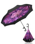 E-SMARTER Golf Umbrella Compact Travel Umbrella, Large 49 Inch with C Shape Handle, Larger Strong and Windproof Umbrella with Oversized Double Layer Fabric, Anti-UV Folding Inverted Umbrella, Purple