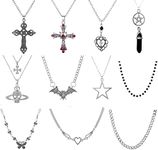 11Pcs Punk Vintage Necklace Set Goth Grunge Saturn Star Indie Butterfly Boho Crystal Y2k Cross Pendent Heart Wing Statement Choker for Women Men, Metal, alloy