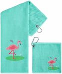 Flamingo Golf Towel, Large Embroidered Towel with Carabiner Clip, Small Towel for Golf Ball Cleaning, Golf Accessories for Women, Men, Kids Golfers, Pack of 2