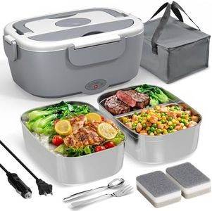 Electric Lunch Box Food Heater for Work - 12V/24V/110-220V Food Warmer for Car Truck Outdoor with 2 Packs Stainless Steel Containers Potable Heating lunch Box for Adults Camping(grey)