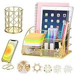 JUOPIEA Desk Organizers and Accessories Office Supplies Organizer with Pen Holder, 72 Clips Set and Phone Stand, Metal Mesh Desktop Organizers with Drawer for Home, Office, School Ect (Gold)