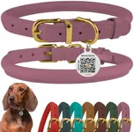BronzeDog Rolled Leather Dog Collar with QR ID Tag, Adjustable Soft Round Collars for Small Medium Large Dogs Puppy (16" - 19" Neck Size, Lavender)