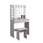 Jooli H Grey Dressing Table Set with Hollywood LED Lights Mirror, Vanity Makeup Table 2 Large Drawers and Stool