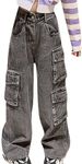 FEOYA Girls Baggy Cargo Trousers Kids Wide Leg Streetwear Jeans with Multi Pockets Pants Loose Street Hip Hop A1 11-12 Years