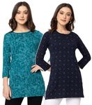 Star Touch Women Regular Fit Henley All Over Print T-Shirt Kurta (Combo of 2) | L | Navy Blue-Teal