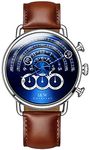 CARNIVAL Luxury Men's Big Dial Chronograph Sapphire Glass Waterproof Quartz Black Leather Gold Watches (Silver case & Blue dial & Brown Strap)