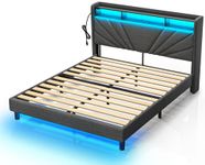 Rolanstar Full Size Bed Frame, Storage Headboard with Charging Station and LED Lights, Upholstered Bed with Heavy Duty Wood Slats, No Box Spring Needed, Noise Free, Easy Assembly, Dark Grey