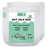 Bellamei Nut Milk Bag Reusable 2 Pack Nut Bags for Almond/Soy Milk Greek Yogurt Professional for Cold Brew Coffee Tea Beer Juice Fine Italian Nylon Mesh (2 Pack - 12"x12")