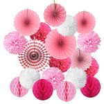 Hanging Paper Fan Set, ZERODECO Tissue Paper Pom Poms Flower Fan and Honeycomb Balls for Birthday Baby Shower Wedding Festival Decorations (Pink)