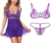 Culture Flossy® Women's Babydoll Nightwear, Babydoll Undergarments,Women's Honeymoon Dress, Women's Transparent Night Dress, Women's Nighty (Free Size, Purple+Combo)