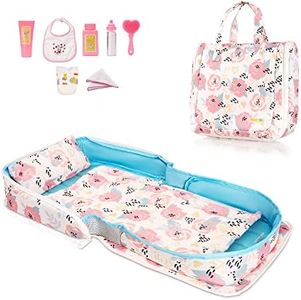 HappyVk - Baby Doll Bed - Portable Doll Bassinet - for Baby Dolls up to 21 inches - Handbag for Girl - Baby Doll Set - Pink Roses