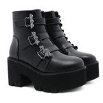 rui yue Womens Platform Boots Round Toe Chunky Ankle Boots Punk Boots Lace Up&Zipper Combat Boots, Black-22-7, 11