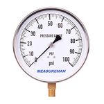 MEASUREMAN 304 Stainless Steel Case, Lead-Free Contractor Pressure Gauge, 0-100Psi, 4-1/2" Dial Size, +/-1% Accuracy, 1/4" NPT Lower Mount