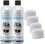 (4+4) 4-Use Coffee Machine Descaling Solution PLUS 4 Filters - Universal Descaler Concentrate for All Keurig 1.0 & 2.0 K-Cup Pod Machines and Espresso Machines