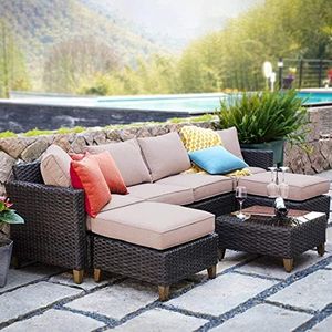 Grand patio Sofa Sets Outdoor Furniture Sets, Wicker Patio Furniture 7-Piece Sectional Sofa with Thick Olefin Cushions for Yard Garden Porch for Six (Beige Sofa Set for Six, 7 PCS)