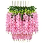 HOME BUY Artificial Wisteria Fuchsia Flowers Strings (Pack of 12 Branches) Silk Plastic Material, Long Hanging Bush for Home Party Wedding Decor -Pink