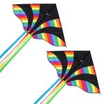 [2 Pack] Extra Large Wide Colorful Kite Rainbow Vivid Colors 60” Wings, Long Tail 95”, Easy to Assemble and Fly, Including Reel and Bag, for Beach, Parks, Backyard and Outdoor Activities