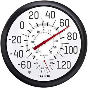 Taylor Wall Thermometer and Humidity Guide, Wireless Thermometer with Easy to Read Large Numbers for Patio, Pool, and Indoor Areas, 13.25-inch, Black