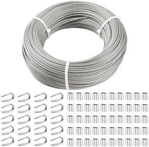 TooTaci 1/8 Wire Rope Kit, 300 FT 1/8 Stainless Steel Cable, 7x7 Strands Aircraft Cable with M3 Crimping Sleeves, Steel Thimbles, for Deck Railing Systems, DIY Balustrade, Hanging, Balconies, Stairs