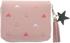 KESYOO PU Leather Wallet Short Zipper Purse Heart Pattern Tassel Clutch Bag Card Cash Holder for Women Girls Pink