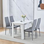 Modern White Dining Room Table Wooden and Gyre Pu Leather Chairs Set of 4 for Small Space, 5pcs Kitchen Rectangular Table with 4 Chairs Set Space-saving (white table and 4 grey leather chairs)