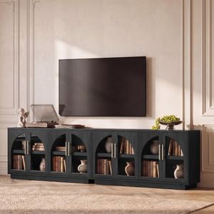 Fatmok 30.7" Tall Modern TV Stand with Arched Glass Doors,Grey Black Oak