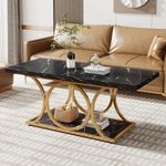 Tribesigns Rectangle Coffee Table, 47.24-inch Modern Coffee Tables for Living Room, 2-Tier Faux Marble Wood Coffee Table with Geometric Metal Legs, Furniture with Storage Shelf (Black & Gold)