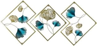 MKUN Iron Wall Sculptures - Large Set of 3 Diamond shaped Metal Decor with Ginkgo Biloba Art Great for Home Hotel Decoration (Grey Blue) Blue,Gold,Grey