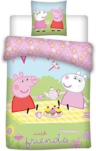 Juego de cama Peppa Pig Friends, 100% algodón, funda nórdica reversible y funda de almohada de 65 x 65 cm