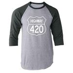 Pop Threads Highway 420 Pot Smoking Weed Marijuana Cannabis Graphic Tee T-Shirt for Men, Raglan | Gray Sleeves, X-Large