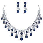 BriLove Women's Wedding Bridal CZ Cluster Leaf Teardrop Statement Necklace Dangle Earrings Set Sapphire Color Silver Tone