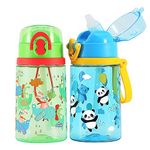 2 Pack Cute Water Bottle with Straw for Kids Girls, BPA Free Tritan & Leak Proof One Click Open Flip Top & Silicone Sipper & Secure Lock & Soft Carry Loop, 14oz / 400ml (Airplane & Panda)