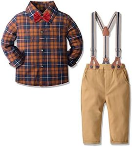 Yilaku Completo Neonato 4 Pezzi Neonato Bambini Camicia da Quadri Manica Lunga + Pantaloni +Papillon+ Bretelle Gentlemen Outfit Set da Ragazzi