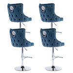 Wahson Velvet Bar Stools Set of 4 Counter Chairs with Footrest Breakfast Bar Stools for Kitchen Island, Swivel Bar Chairs High Stools Height Adjustable, Blue