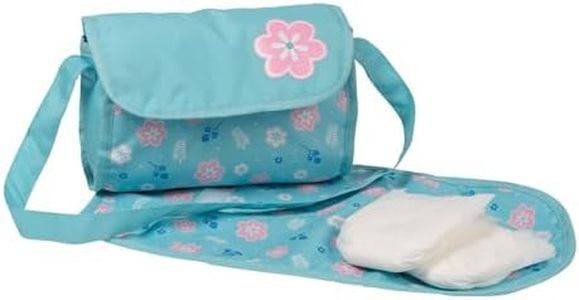 ADORA Baby Doll Diaper Bag with Sturdy Straps, Includes Changing Mat and 2 Doll Diapers (Fits 13" Dolls), Birthday Gift for Ages 3+ - Blue Flower Power