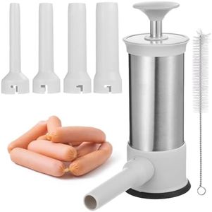 Manual Sausage Stuffer with 4 Tubes, 1.5 L Stainless Steel Vertical Maker, Easy to Use, Includes Cleaning Brush