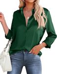 HOTOUCH Button Down Womens Silk Shirts Classic Long Sleeve Stylish Blouses Collared Office Work Tops Dark Green XXL