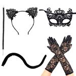 Black Cat Cosplay Costume Halloween Lace Cat Ears Headband Cats Tail Choker Necklace Masquerade Masks Sexy Elastic Long Fishnet Gloves for Halloween Party Costume Accessories