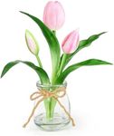 Lovmeety Artificial Flowers in Vase with Faux Water, Pink Tulips Real Touch Flowers with Vase Fake Tulips Flowers Arrangement for Home Room Office Dining Table Centerpiece