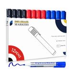 maxtek Whiteboard Markers, Whiteboard Pens 3 Assorted Colours Black Blue Red Dry Erase Pens for Office, Schools, Home, 12pcs Pack Bullet Tip Dry Wipe Pens